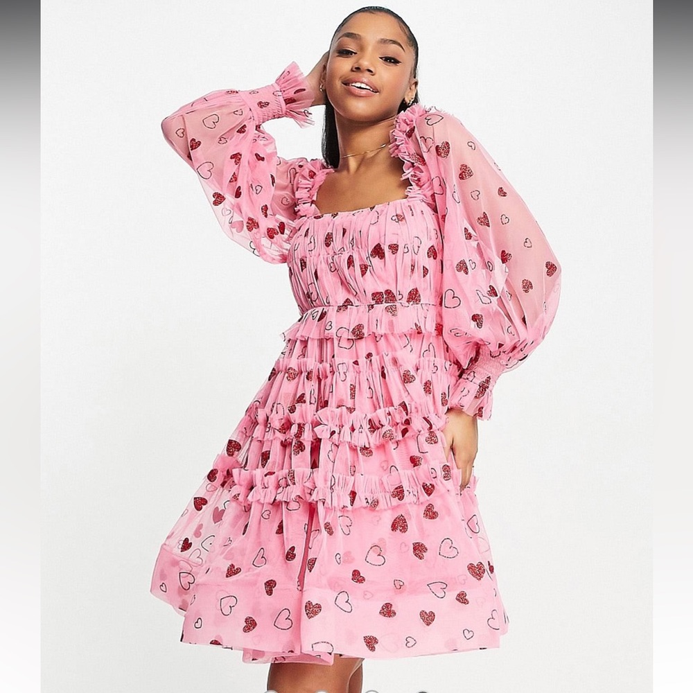 Lace & Beads exclusive square neck tiered mini dress in pink and red heart